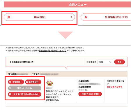 購入履歴の参照・注文変更キャンセル・領収書発行