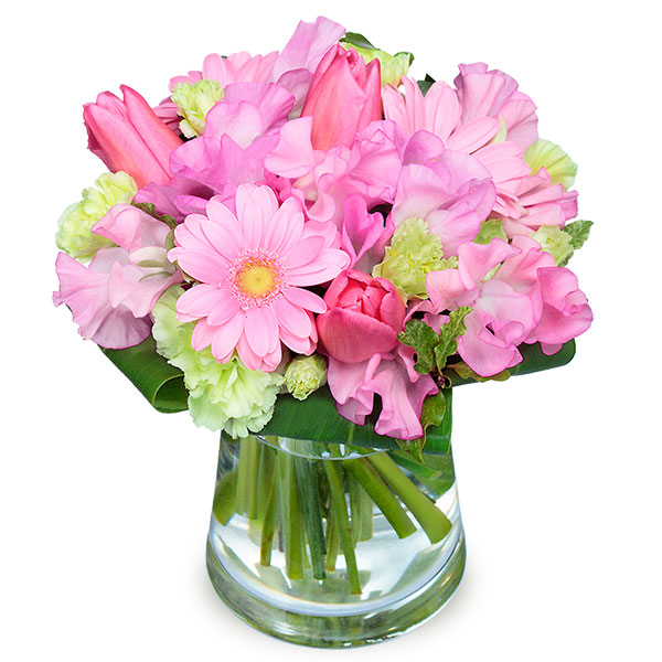 【2月の誕生花（チューリップ）】チューリップとガーベラのグラスブーケ（花瓶付き）