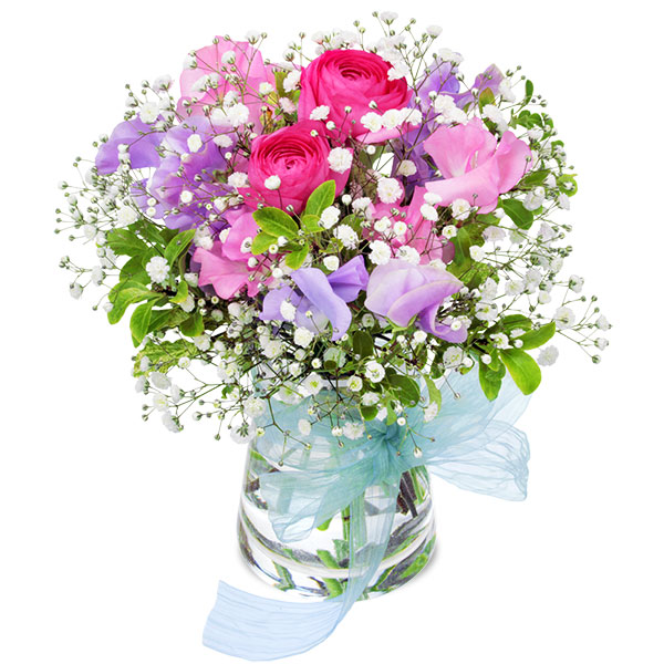 【春の花贈り特集】ラナンキュラスとスイートピーのグラスブーケ（花瓶付き）