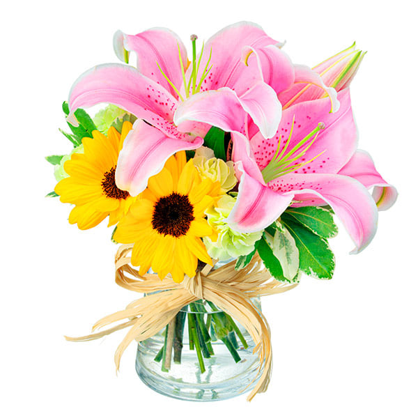【夏の花贈り特集】ユリとひまわりのグラスブーケ（花瓶付き） 512481 ｜花キューピットのひまわり 花のギフト・プレゼント特集2023