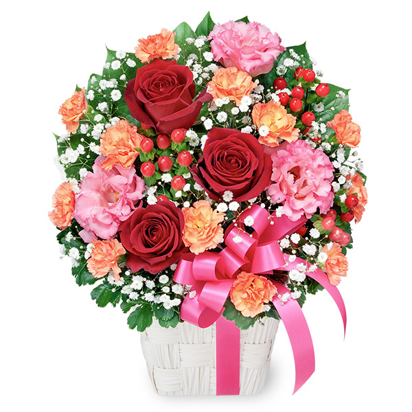【バラ特集】ピンクリボンの華やかなアレンジメント 512484 ｜花キューピットのバラ特集プレゼント特集2022