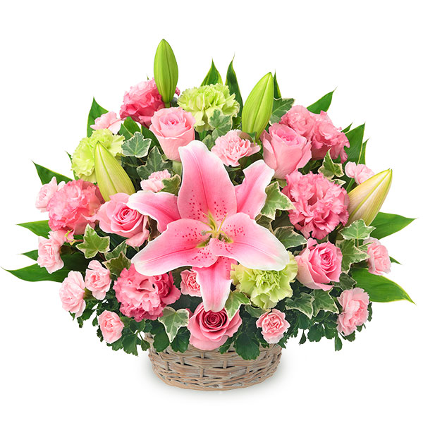 【5月の誕生花（ピンクバラ）】ユリとピンク色のバスケットアレンジメント