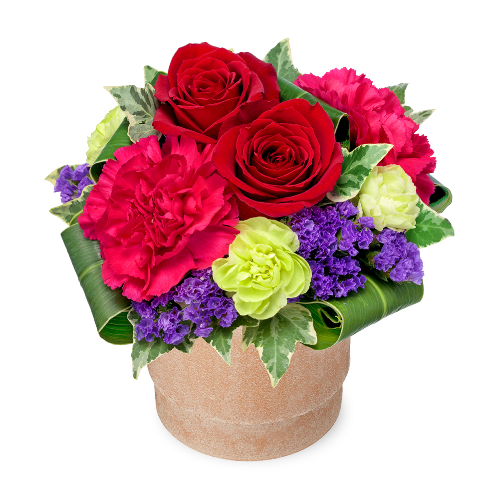 【バラ特集】赤バラのウッドポットアレンジ 512621 ｜花キューピットのバラ 花のギフト・プレゼント特集2024