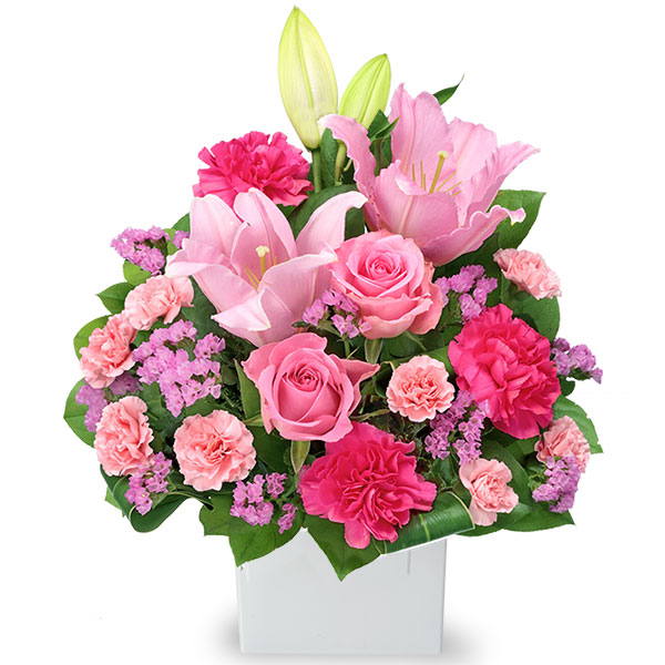 【家族に贈る誕生日フラワーギフト】ユリとピンクバラのアレンジメント