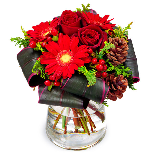 【12月の誕生花（赤バラ）】クリスマスのグラスブーケ（花瓶付き）