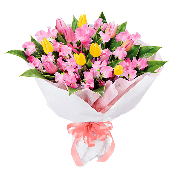 【誕生花 2月（チューリップ）(法人）】2色チューリップとスイートピーの花束