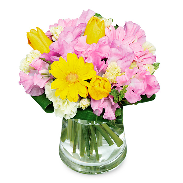 【2月の誕生花（チューリップ）】チューリップとガーベラのグラスブーケ（花瓶付き）