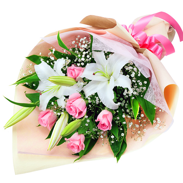 【お祝い】ユリとピンクバラの花束