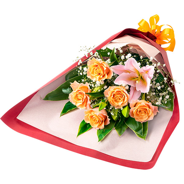 【誕生花 10月（バラ）（法人）】ユリとオレンジバラの花束