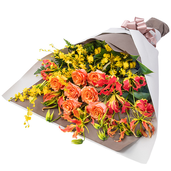 【誕生日フラワーギフト】オレンジバラとグロリオサの花束