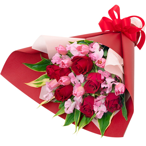 【1月の誕生花（スイートピー）】赤バラと春の花の豪華な花束