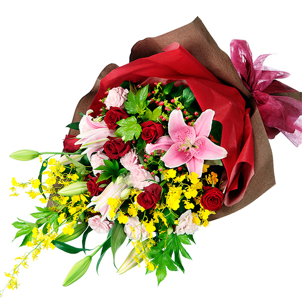 【退職祝い】ピンクユリと赤バラの花束