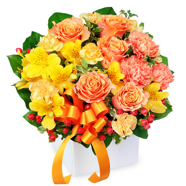 【開店祝い・開業祝い】オレンジバラとリボンのキューブアレンジメント