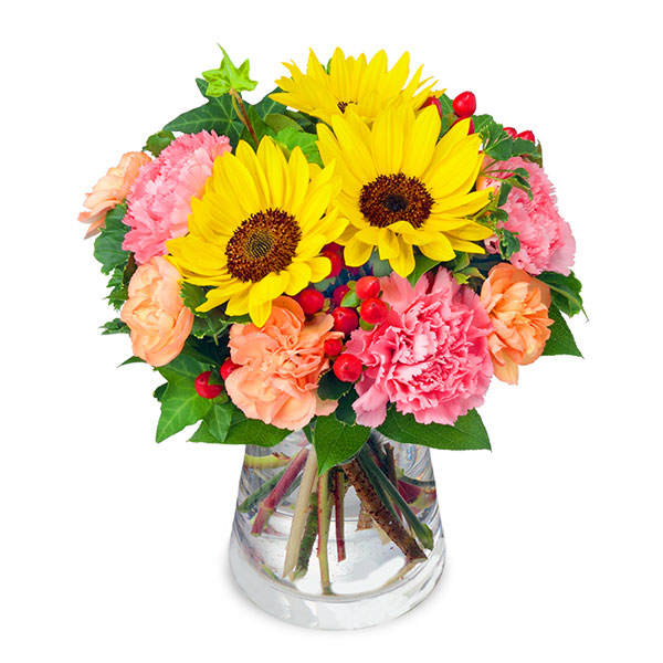 【結婚記念日】ひまわりのグラスブーケ（花瓶付き）