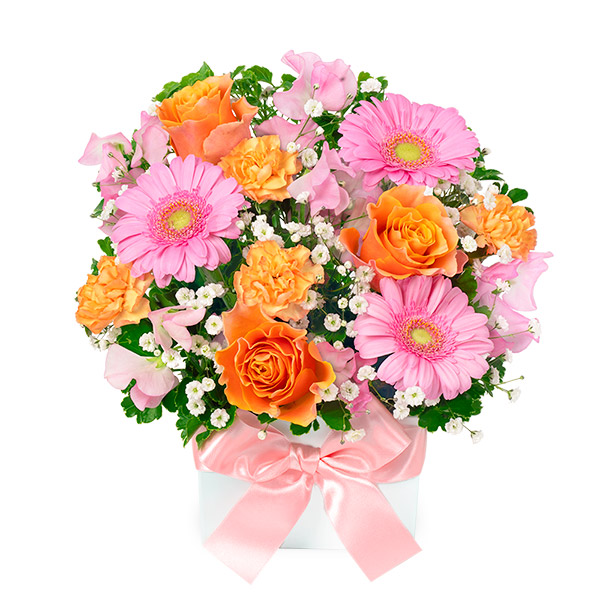 【1月の誕生花（スイートピー）】ピンクとオレンジのキューブアレンジメント