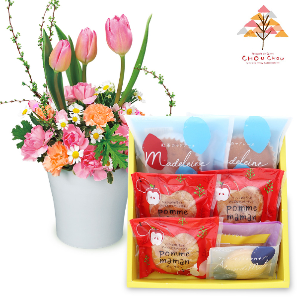 【ホワイトデーセット】チューリップのアレンジメントとシュシュスイーツ 4種7個入