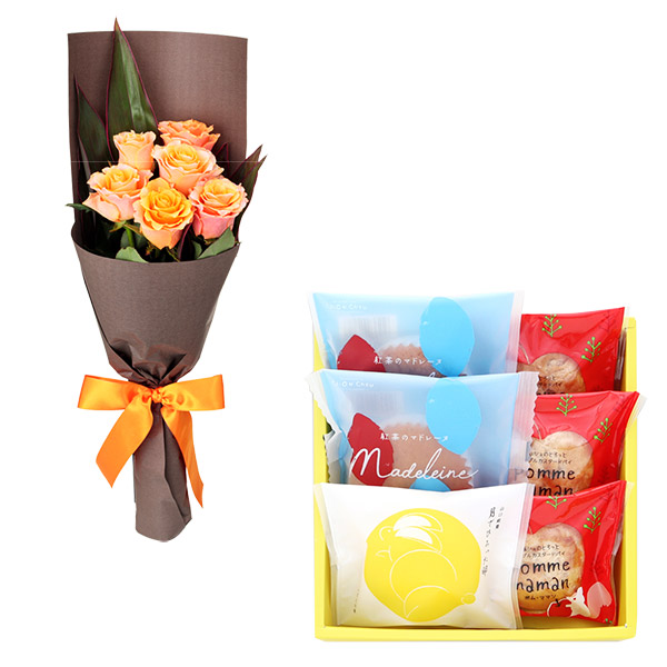 【父の日セットギフト】オレンジバラ6本の花束と季乃菓集 お菓子アソート 3種6個入