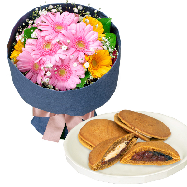 【お祝いセットギフト】ガーベラの花キューピットブーケと【果子乃季】山の口どらやき10個入