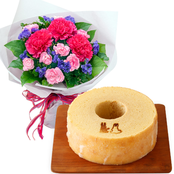 【お祝いセットギフト】ピンクカーネーションとパープルの花束と【果子乃季】うさぎの森のこもれびバウム