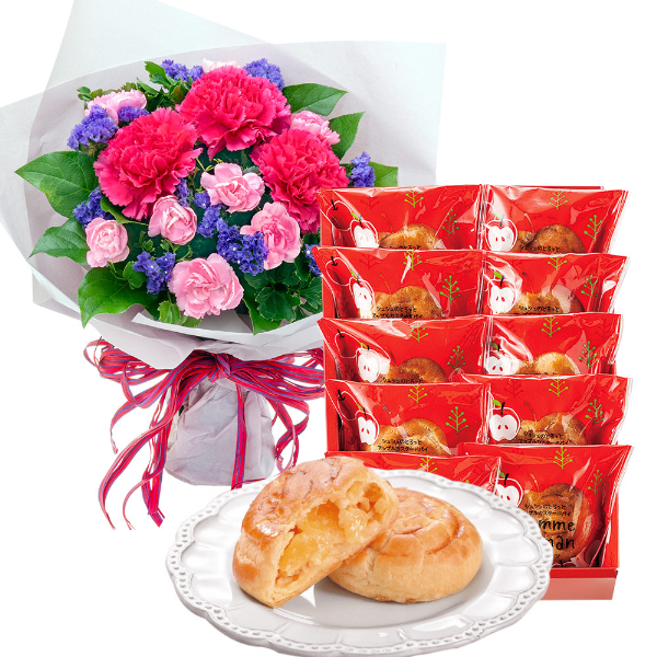 【お祝いセットギフト】ピンクカーネーションとパープルの花束と【シュシュ】ポム・ママン 10個入