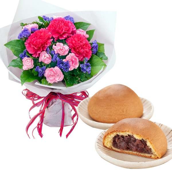 【お祝いセットギフト】ピンクカーネーションとパープルの花束と【果子乃季】月まる 15個入