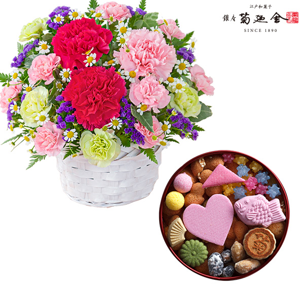 【母の日セットギフト】華やかなアレンジメントと【銀座菊廼舎（きくのや）】登録商標 冨貴寄（ふきよせ）ハート日和
