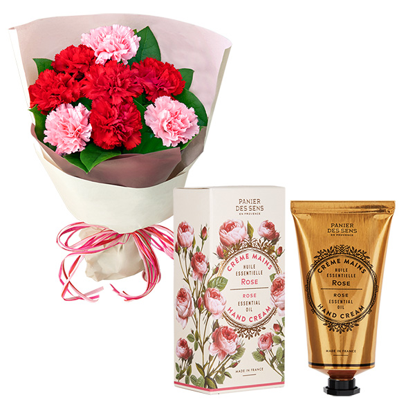【母の日セットギフト】カーネーションの花束（レッド）とエッセンシャルズ ハンドクリーム（ローズ）