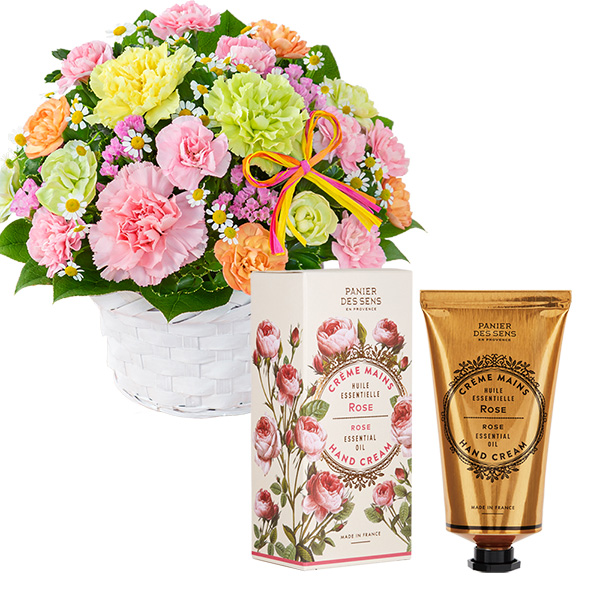 【母の日セットギフト】カーネーションのミックスアレンジメントとエッセンシャルズ ハンドクリーム（ローズ）