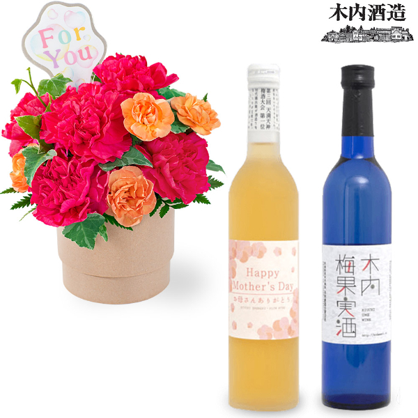 【母の日セットギフト（受注延長）】【受注延長】カーネーションのアレンジ（ピンク）と【木内酒造】母の日限定◆木内梅酒・梅果実酒セット