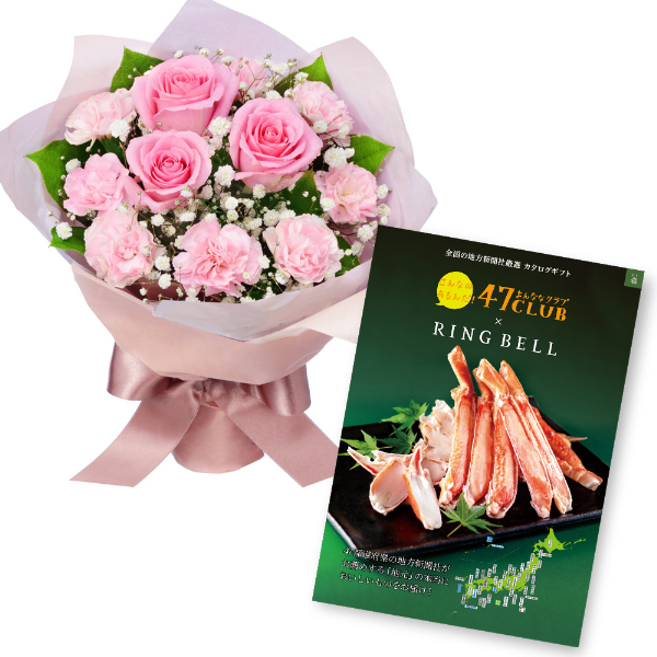 【グルメカタログ3500円】ピンクバラの花束と グルメカタログ3500円コース
