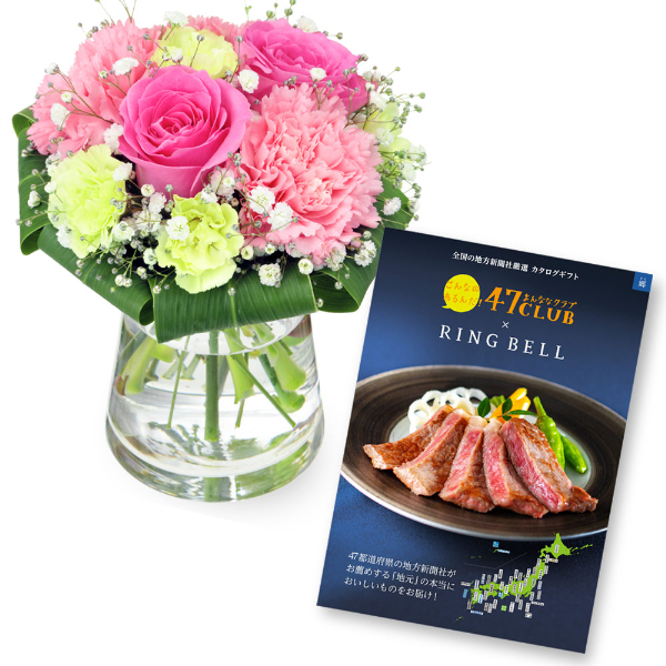 【グルメカタログ10000円】ピンクバラのグラスブーケ（花瓶付き）とグルメカタログ10000円コース