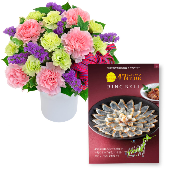 【お祝いセットギフト】ピンクと紫のナチュラルなアレンジメントとグルメカタログ 5000円コース