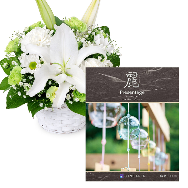 【お供えセットギフト】お供えのアレンジメントとグルメカタログ 麗(うらら) 〔麻葉(あさのは)〕