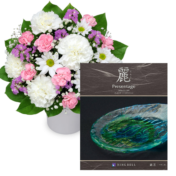 【お供えセットギフト】お供えのアレンジメントとグルメカタログ 麗(うらら) 〔露芝(つゆしば)〕