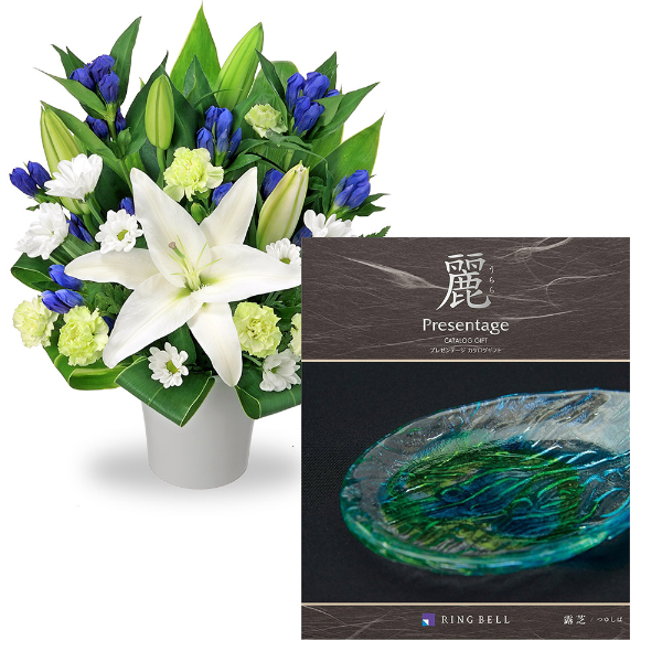 【お供えセットギフト】お供えのアレンジメントとグルメカタログ 麗(うらら) 〔露芝(つゆしば)〕