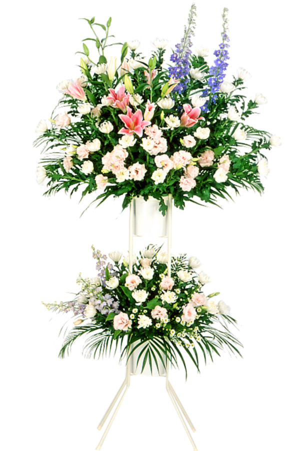 【スタンド花・花輪（葬儀・葬式の供花）】お供え用スタンド２段（色もの）