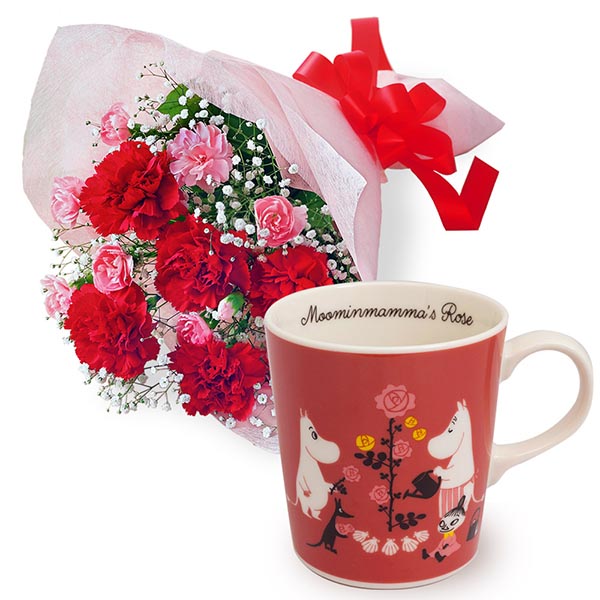 カーネーションの花束とムーミン マグカップ（ママズローズ） t75521350 ｜花キューピットの母の日セット