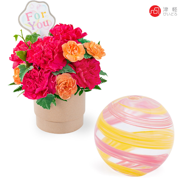 【母の日セットギフト】カーネーションのアレンジ（ピンク）と【津軽びいどろ】一輪挿し 彩手毬・桜風