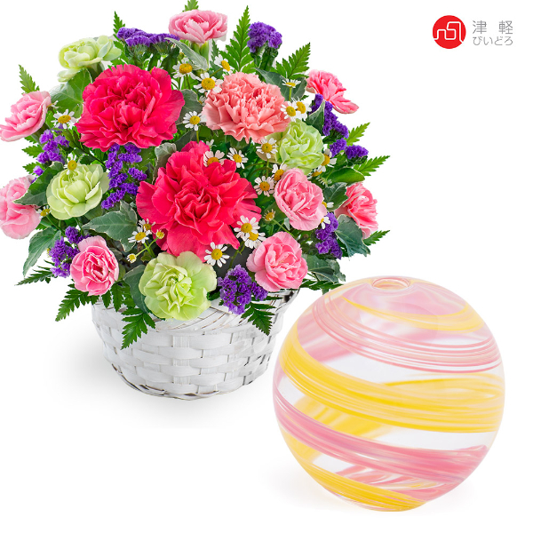 【母の日セットギフト】華やかなアレンジメントと【津軽びいどろ】一輪挿し 彩手毬・桜風