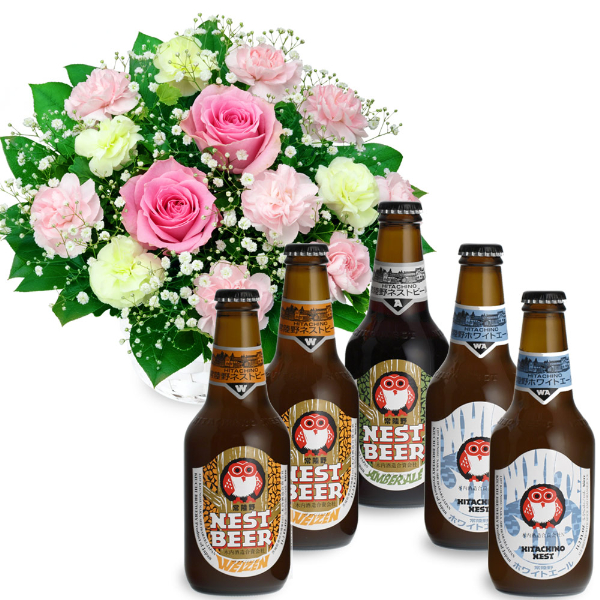 【お祝いセットギフト】ピンクバラのアレンジメントと常陸野ネストビール飲み比べ5本セット