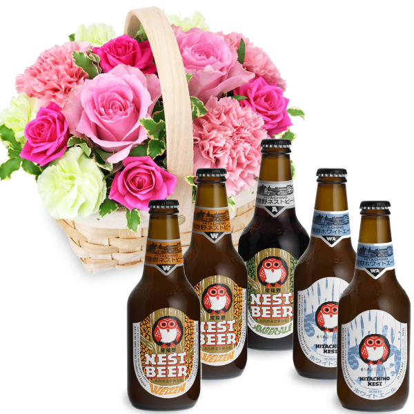 【お祝いセットギフト】ピンクのウッドバスケットと常陸野ネストビール飲み比べ5本セット