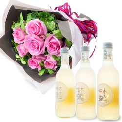 【お祝いセットギフト】ピンクバラ7本の花束としゅわしゅわ木内梅酒3本セット