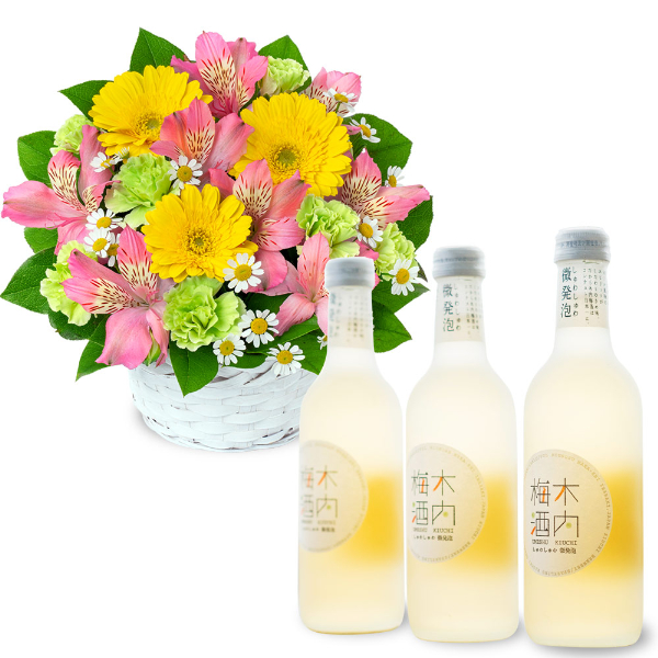 【お祝いセットギフト】ピンクアルストロメリアのアレンジメントとしゅわしゅわ木内梅酒3本セット