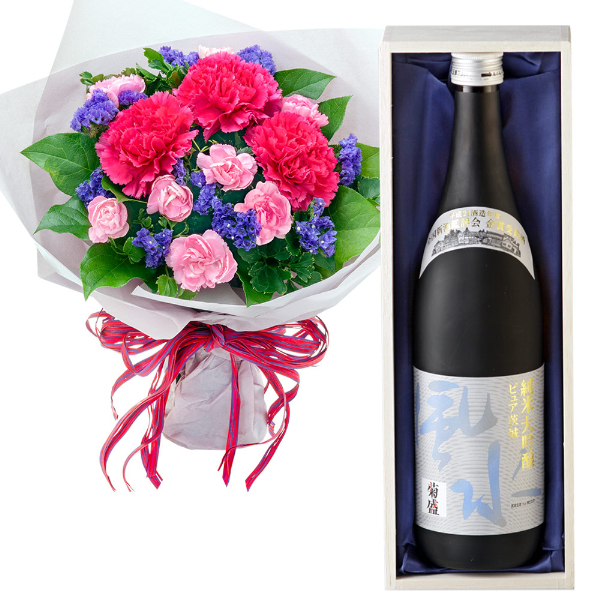 【お祝いセットギフト】ピンクカーネーションとパープルの花束と菊盛 ピュア茨城 純米大吟醸「風と水」