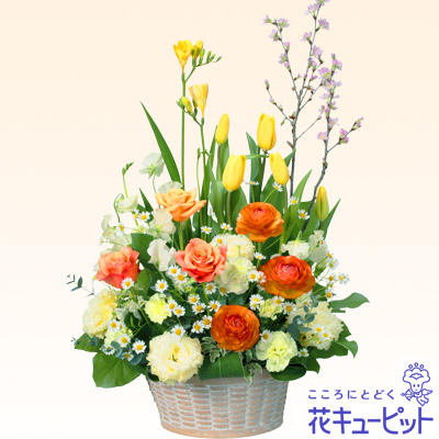 春のバスケットアレンジメント イエロー お誕生日祝い 法人 花や花束の宅配 ビジネスギフト 法人向けフラワー ギフトなら ビジネス花キューピット 公式サイト
