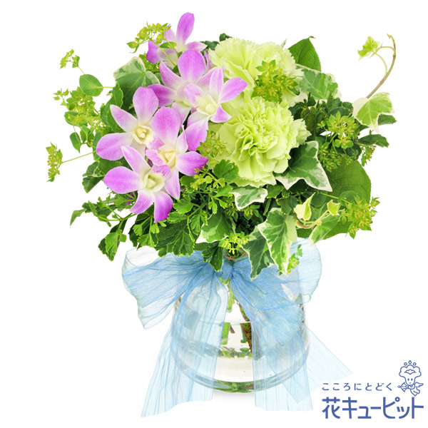 デンファレとグリーンのグラスブーケ お中元 サマーギフト 花や花束の宅配 フラワーギフト通販なら花キューピット