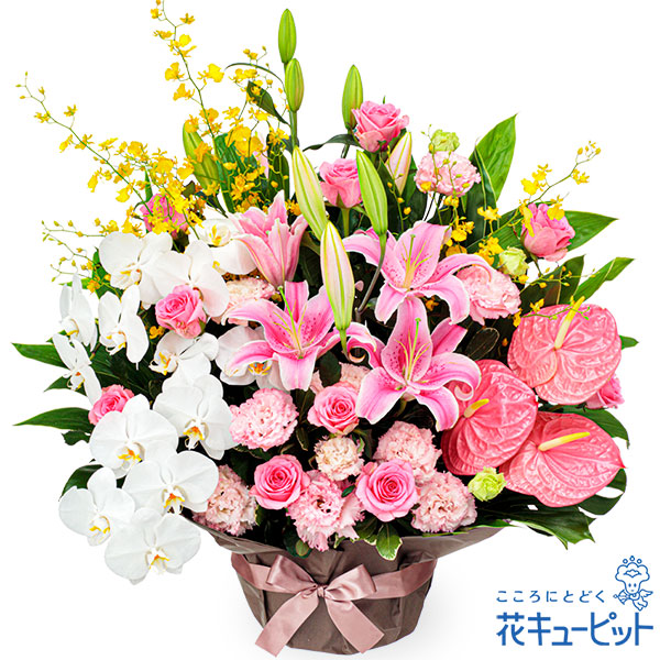 【お祝い】ピンクとホワイトの豪華なアレンジメントハレの日の贈り物に華やかで立派な花々を