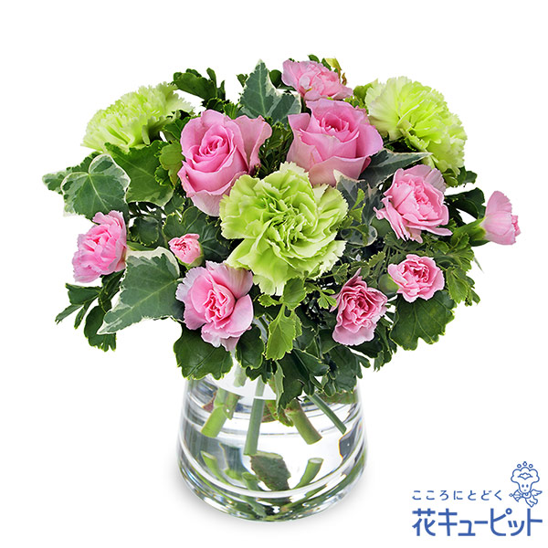 【お見舞い】ピンクバラのナチュラルなグラスブーケ（花瓶付き）ナチュラルで爽やかな花瓶付き花束