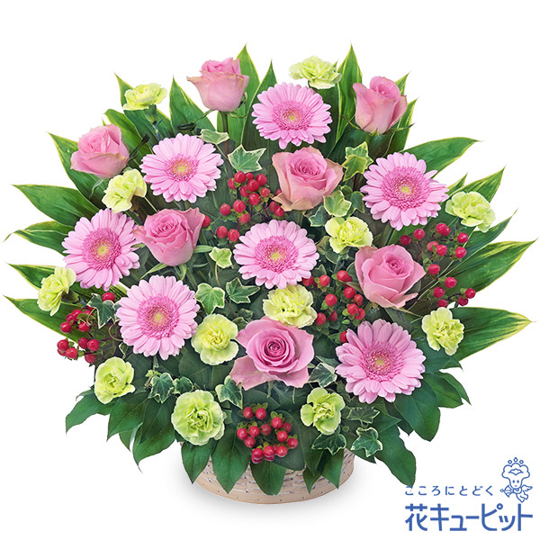 【お祝い】ピンクバラとピンクガーベラのアレンジメント豪華な中に可愛らしさと親しみやすさがあるデザイン