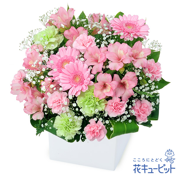 【アレンジメント】ピンクアルストロメリアのキューブアレンジメントピンクの花々が前向きで明るい印象のギフト